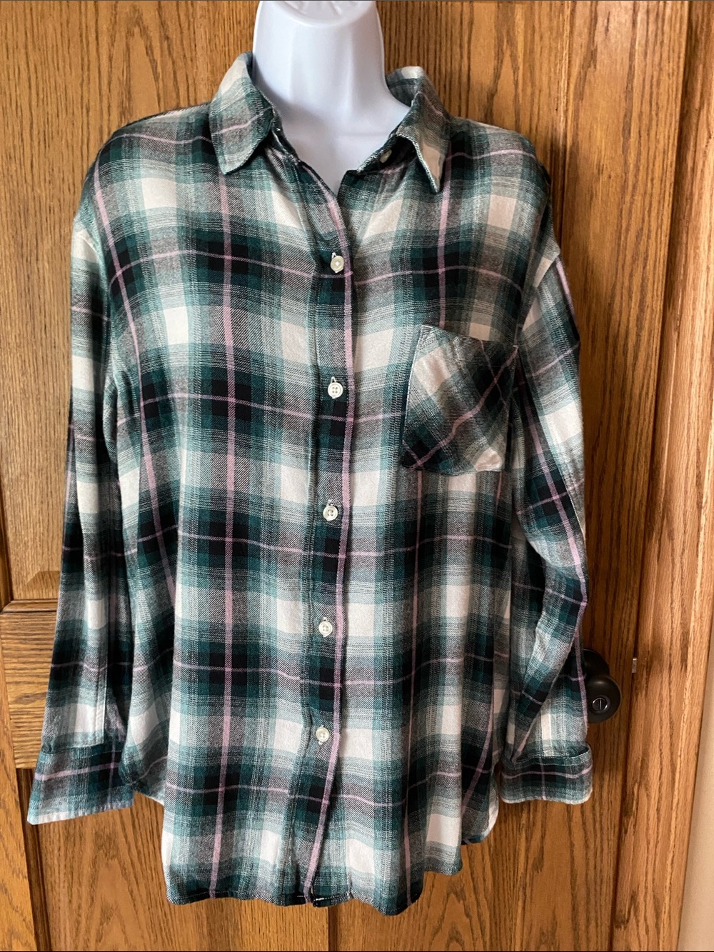 Sonoma Green White and Pink Plaid Button-Down Shirt